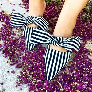 White and Black Stripe Bow Mules